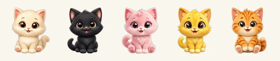 Five of the hand-drawn Kitty Sort kittens: cream, black, pink, yellow and orange tabby